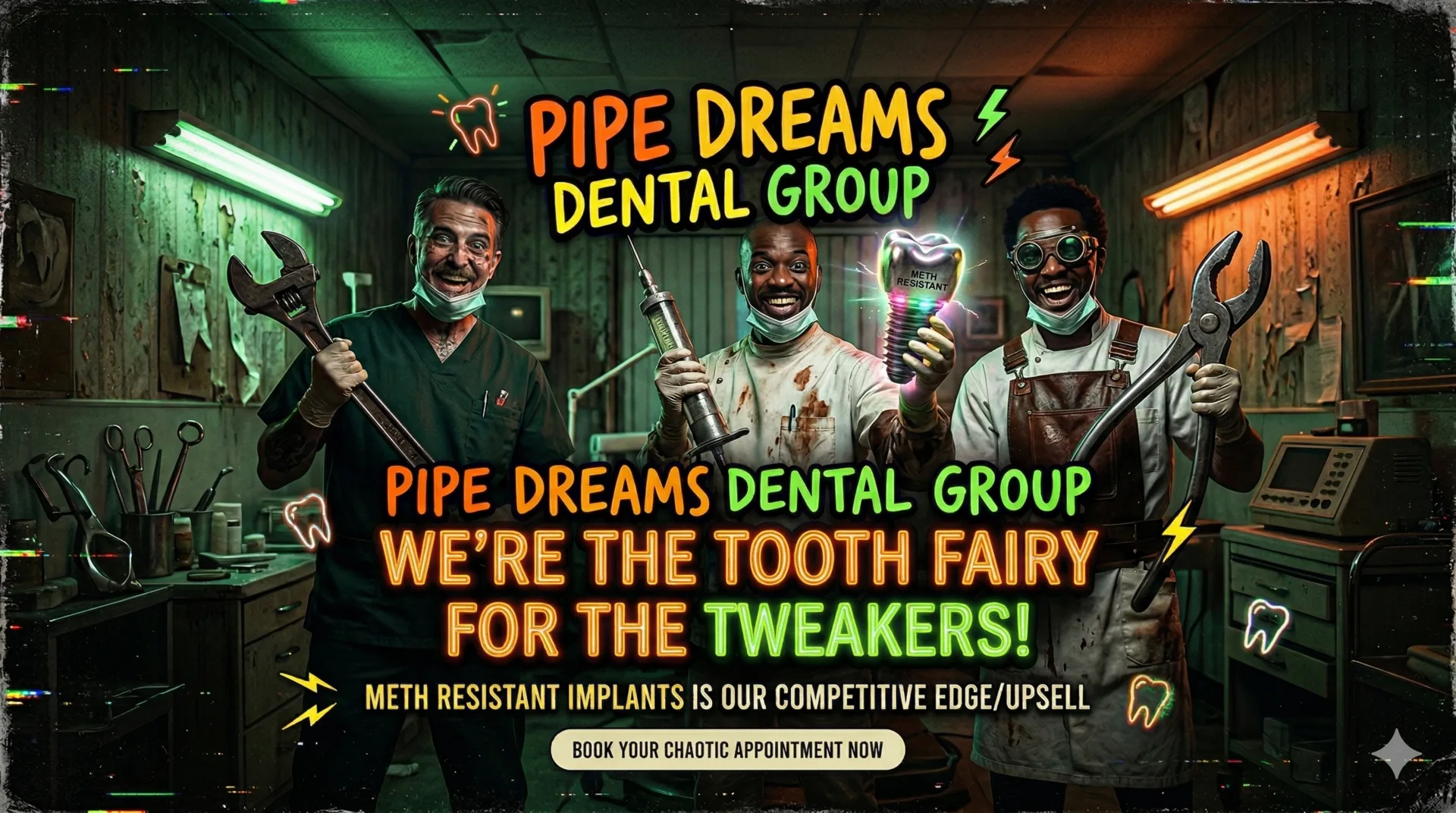Dark industrial dental lab — Dr. Shardwell's team holding tools and a glowing green implant